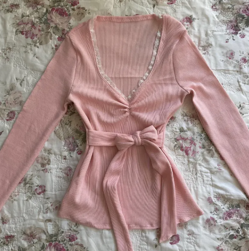 Blush Tie-Front Ribbed Top (S)